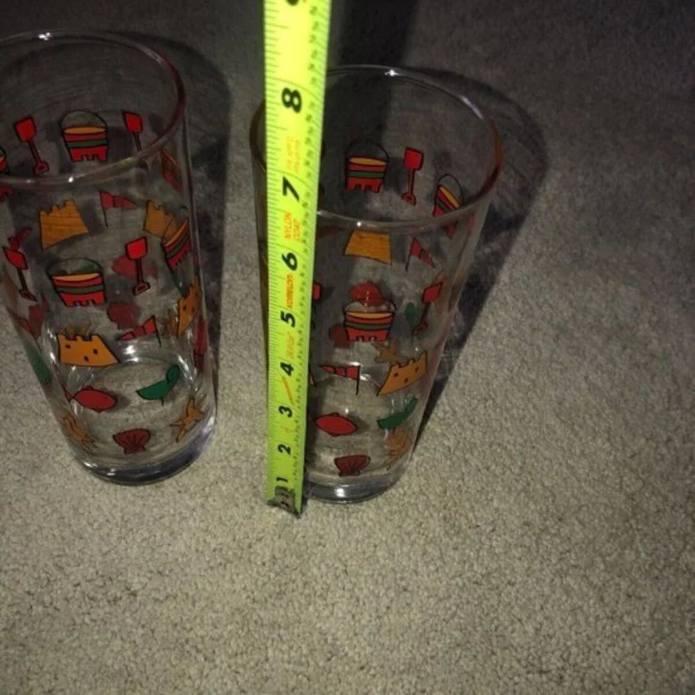 Vintage‎ Sandcastle Bucket Bird Fish HIGHBALL GLASSES (2) OCEAN BARWARE